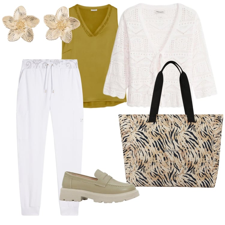 Outfit donna - Il cardigan tricot. per Tutti i giorni. Abbinamento con cardigans, orecchini, mocassini, top, pantaloni, shopping bag.