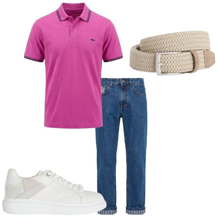 Outfit uomo - La polo con jeans. Stile Casual per Tutti i giorni. Abbinamento con sneakers, cinture, jeans, polo.