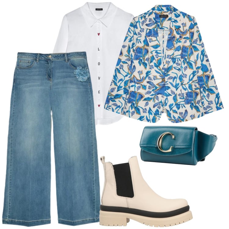 Outfit donna - Fiorella Rubino. per Tutti i giorni. Abbinamento con stivaletti, marsupi, jeans, blazer, camicie.