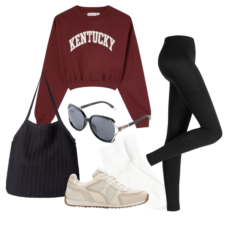 Outfit donna - Marzo. Stile Sporty chic per Tutti i giorni. Abbinamento con leggings, sneakers alte, occhiali da sole, calzini, felpe, shopping bag.