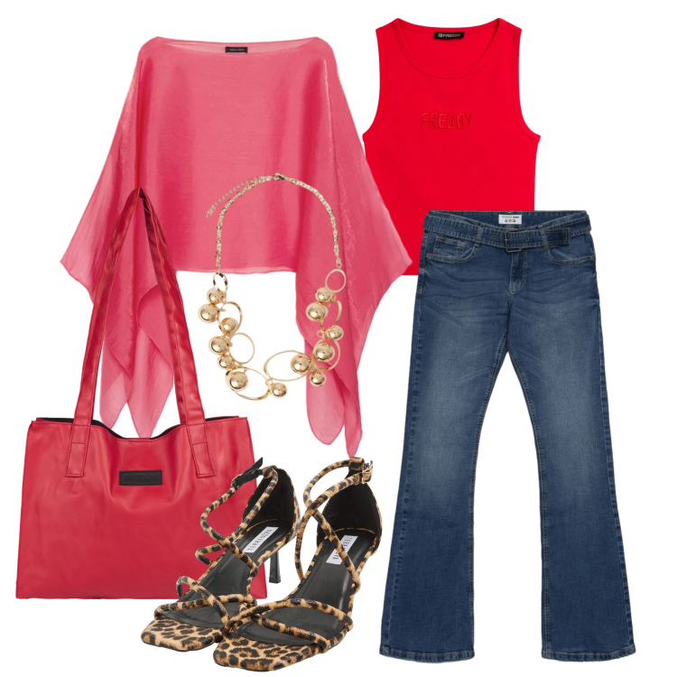 Outfit donna - Marzo. Stile Casual chic per Tutti i giorni. Abbinamento con bolero, collane, top, shopping bag, jeans a zampa, sandali col tacco.