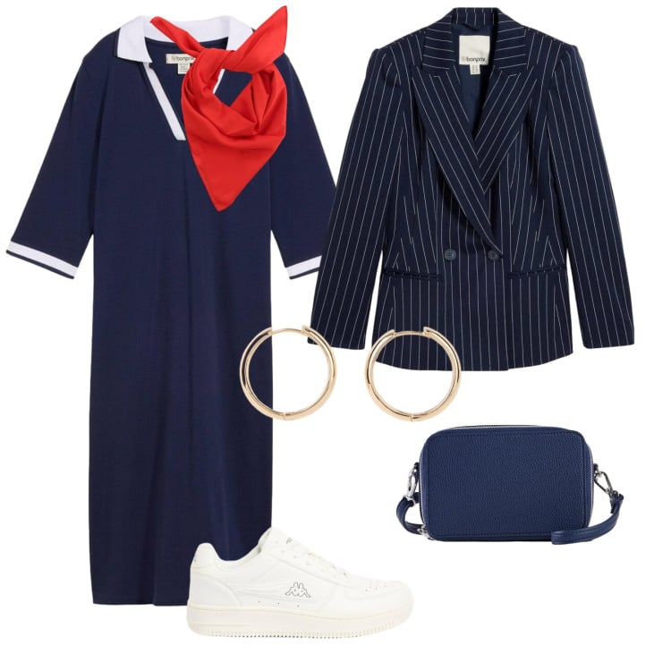 Outfit donna - In gita. per Scuola/Università. Abbinamento con vestiti midi/longuette, blazer, orecchini, borse a tracolla, sneakers, foulard.