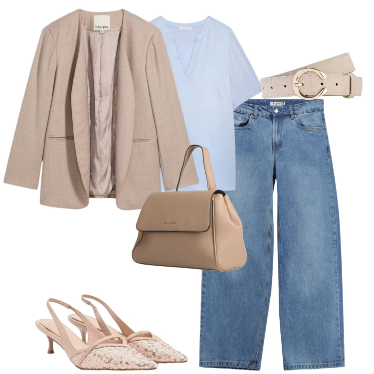 Outfit donna - Marzo. Stile Casual chic per Tutti i giorni. Abbinamento con zaini, blazer, cinture, t-shirt, décolleté, jeans.