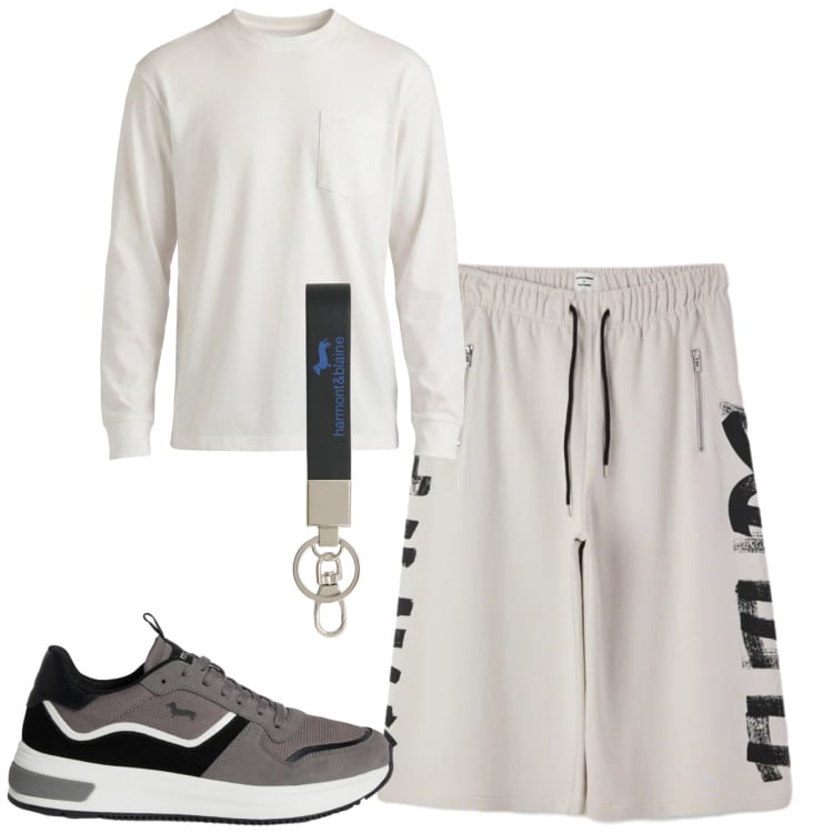 Outfit uomo - Sporty. Stile Casual per Tutti i giorni. Abbinamento con portachiavi, t-shirt, sneakers, bermuda.