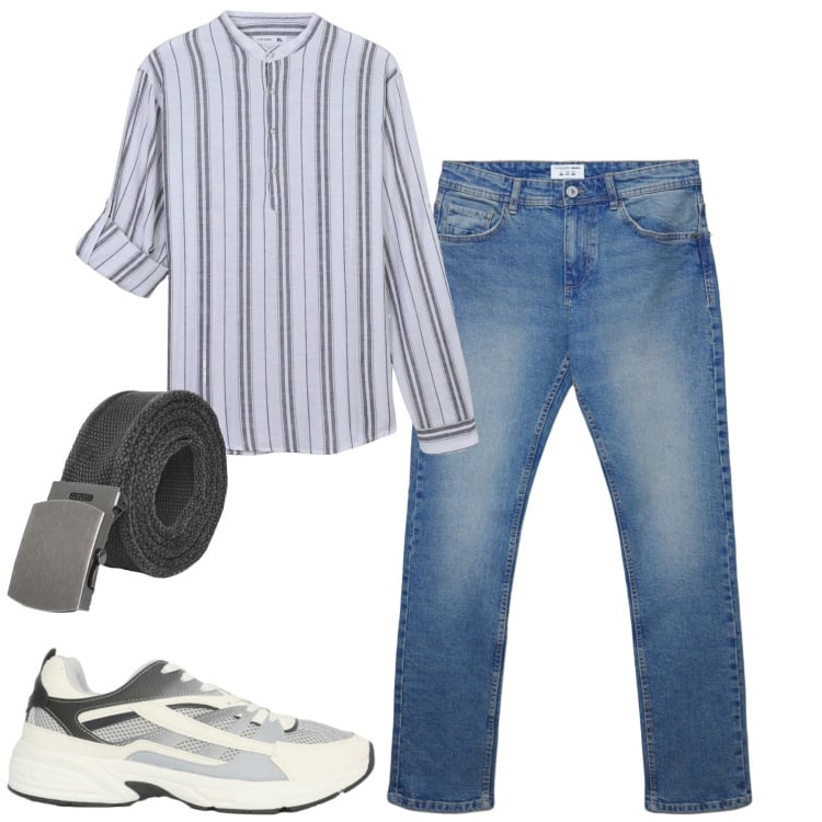 Outfit uomo - City. Stile Casual per Tutti i giorni. Abbinamento con camicie, cinture, jeans dritti, sneakers.