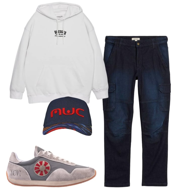 Outfit uomo - Total look #2371917. Stile Casual per Tutti i giorni. Abbinamento con jeans dritti, cappelli con visiera, sneakers, felpe con cappuccio.