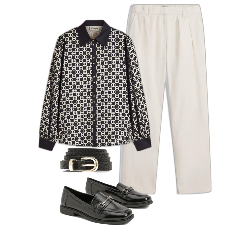 Outfit femme - Chemisier imprimé. Style Tendance pour Bureau. Assortir avec chemisiers, pantalon , ceintures, mocassins.