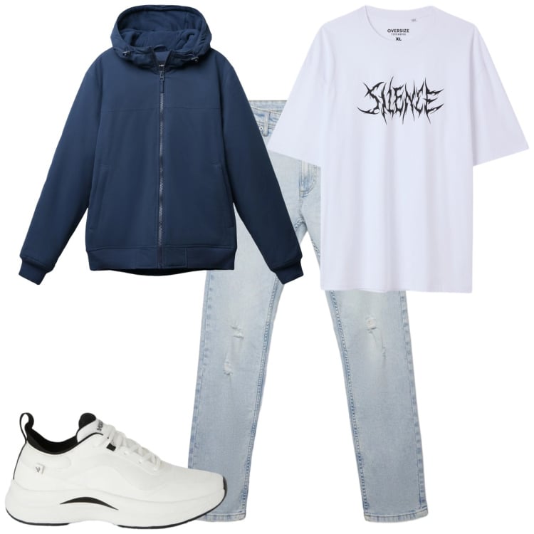 Outfit uomo - Total look #2371929. Stile Casual per Tutti i giorni. Abbinamento con sneakers, giacche, jeans strappati, t-shirt.