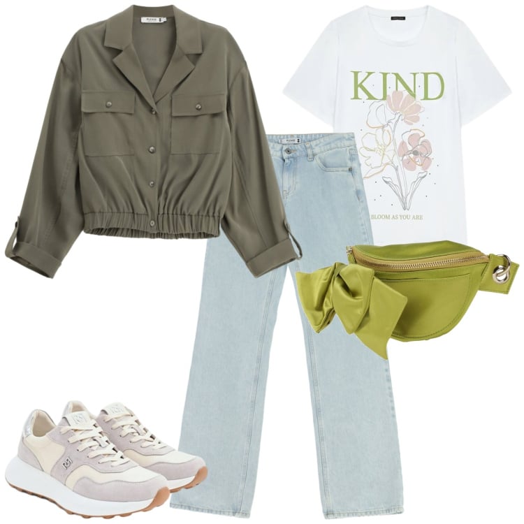 Outfit donna - Spring. Stile Casual chic per Tutti i giorni. Abbinamento con marsupi, t-shirt, jeans dritti, camicie, sneakers.