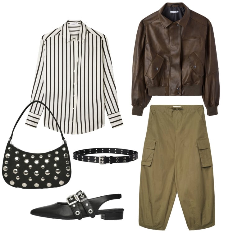 Outfit donna - Total look #2371935. Stile Urban per Tutti i giorni. Abbinamento con giacche, pantaloni cargo, borse a tracolla, cinture, camicie, ballerine.