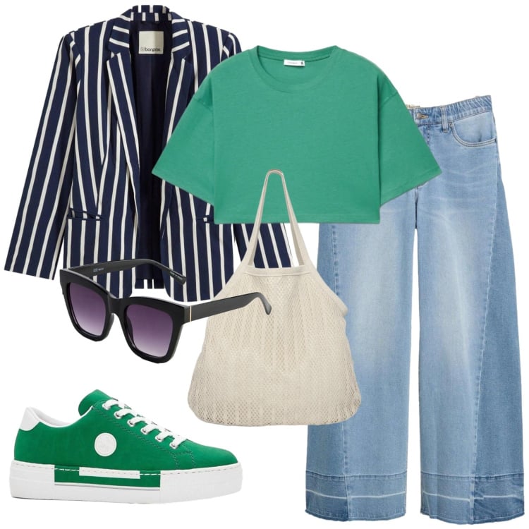 Outfit donna - Pasquetta. Stile Casual chic per Tutti i giorni. Abbinamento con jeans, blazer, sneakers, occhiali da sole, shopping bag, t-shirt.