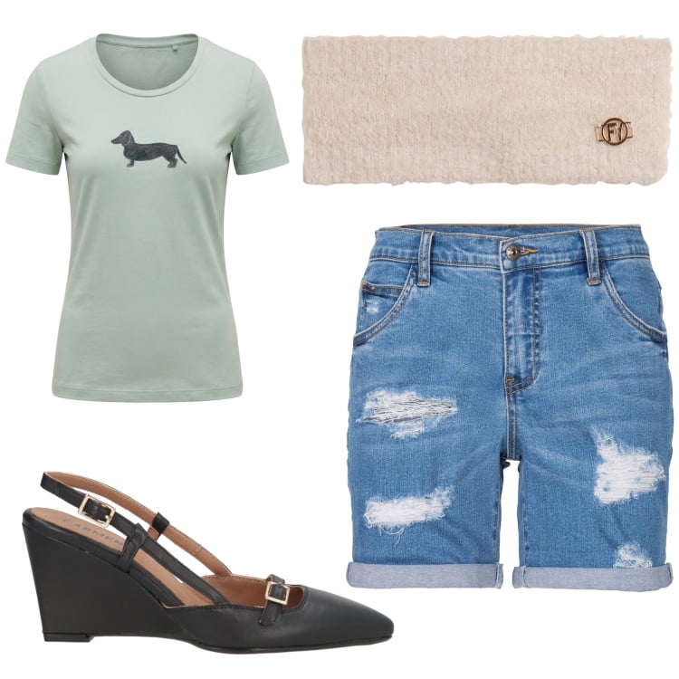 Outfit donna - Fresca, leggera, io. Stile Casual chic per Tutti i giorni. Abbinamento con décolleté, shorts, t-shirt, fasce per capelli.