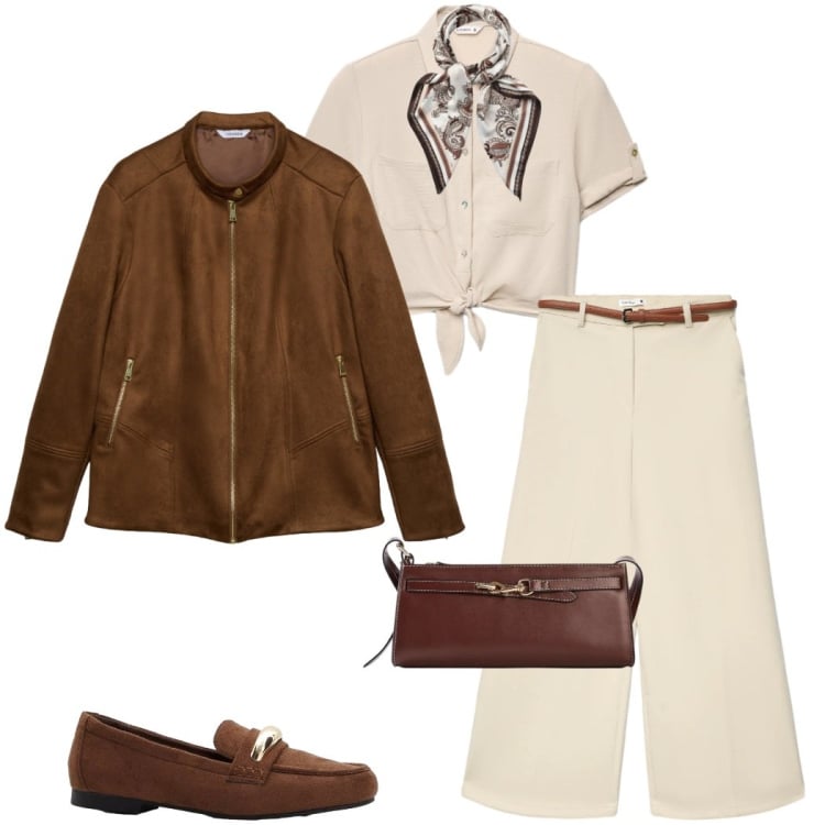 Outfit donna - Stile primaverile curvy. Stile Urban per Tutti i giorni. Abbinamento con mocassini, borse a tracolla, giacche, pantaloni, camicie a manica corta, foulard.