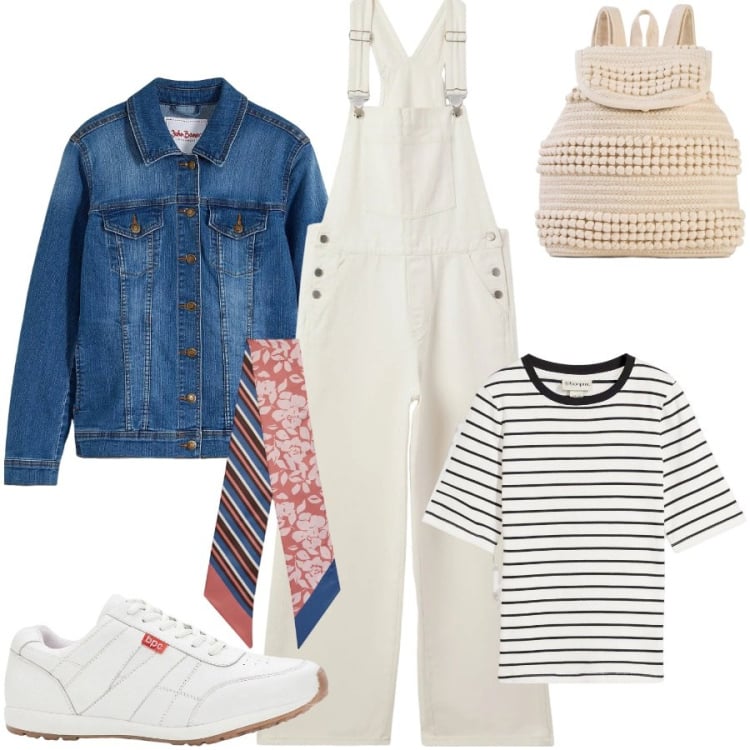 Outfit donna - La salopette bianca evergreen. Stile Casual per Tutti i giorni. Abbinamento con sneakers, blazer, t-shirt, zaini, foulard, salopette.
