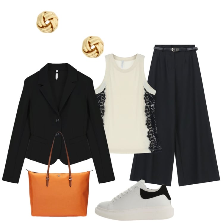 Outfit donna - Il top che assottiglia la vita. Stile Casual chic per Ufficio. Abbinamento con top, pantaloni a palazzo, sneakers, blazer, borse tote, orecchini.