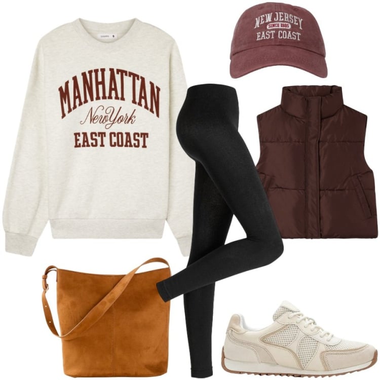 Outfit donna - Sportiva. Stile Sporty chic per Tutti i giorni. Abbinamento con leggings, borse a mano, sneakers alte, piumini, cappelli con visiera, felpe.