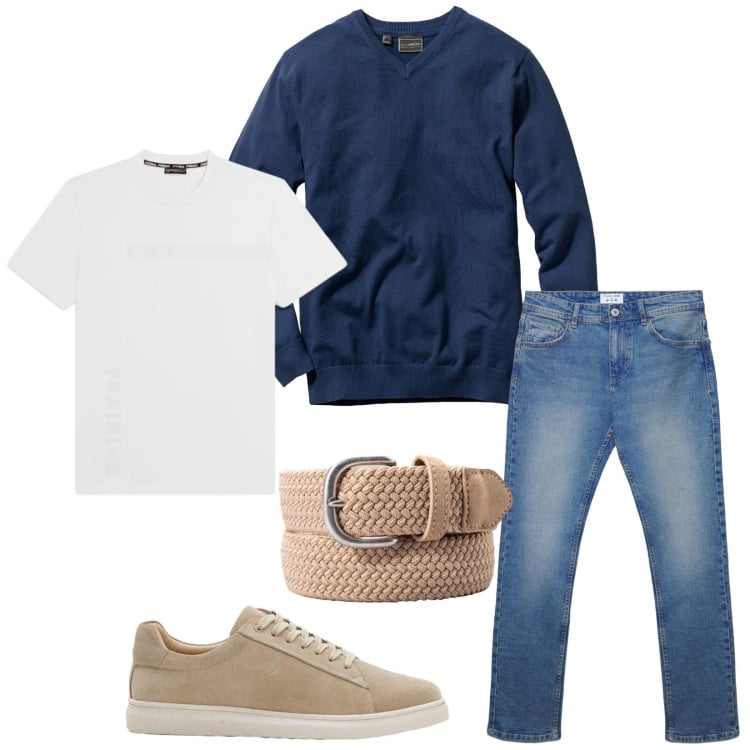 Outfit uomo - Total look #2371952. Stile Casual per Tutti i giorni. Abbinamento con maglieria, sneakers, t-shirt, jeans dritti, cinture.