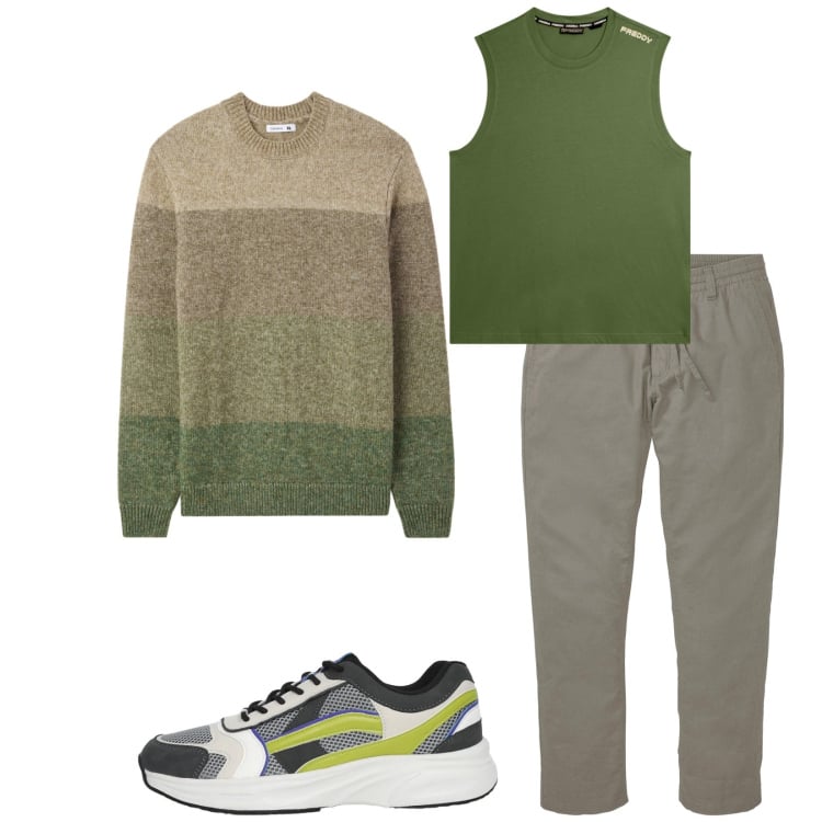 Outfit uomo - Total look #2371954. Stile Casual per Tutti i giorni. Abbinamento con pantaloni chino, canottiere, sneakers, maglieria.