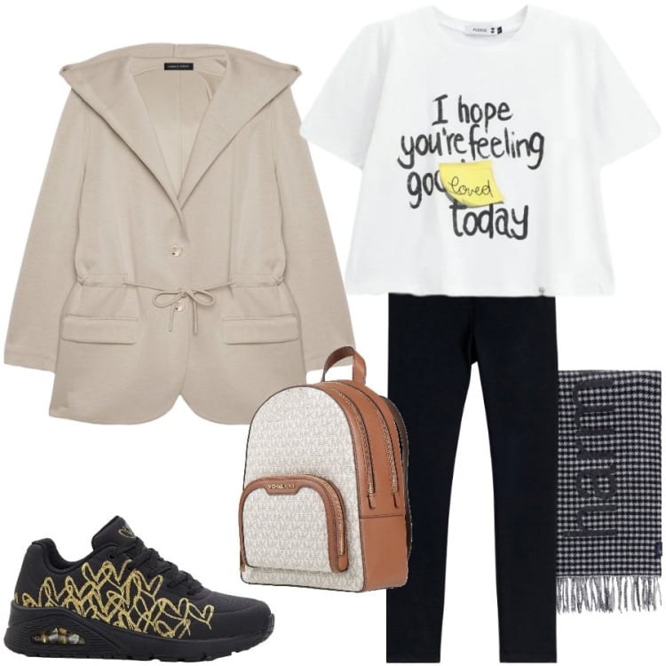 Outfit donna - Sporty chic. Stile Sporty chic per Tutti i giorni. Abbinamento con zaini, sneakers, felpe con cappuccio, sciarpe, t-shirt, leggings.