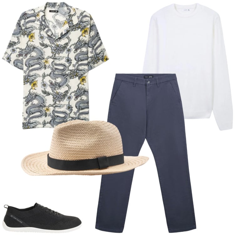 Outfit uomo - Total look #2371960. Stile Trendy per Tutti i giorni. Abbinamento con sneakers, cappelli, maglieria, pantaloni chino, camicie a manica corta.