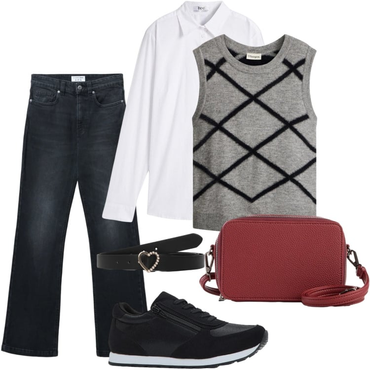 Outfit donna - Il gilet stiloso per l\'ufficio. Stile Basic per Tutti i giorni. Abbinamento con maglieria, camicie, sneakers, borse a tracolla, cinture, jeans bootcut.