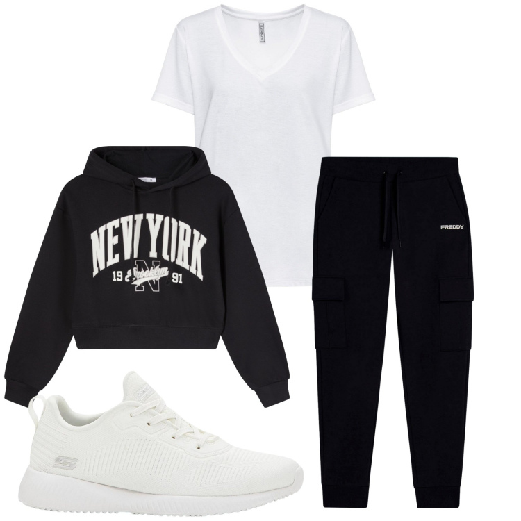 Outfit donna - Total look #2371965. Stile Sporty chic per Sport. Abbinamento con sneakers, t-shirt, felpe con cappuccio, pantaloni.