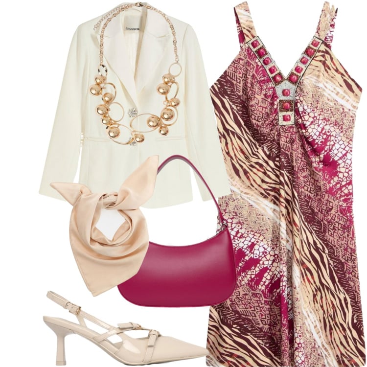 Outfit donna - Total look #2371966. Stile Chic per Serata fuori. Abbinamento con blazer, vestiti, collane, foulard, décolleté, borse a tracolla.