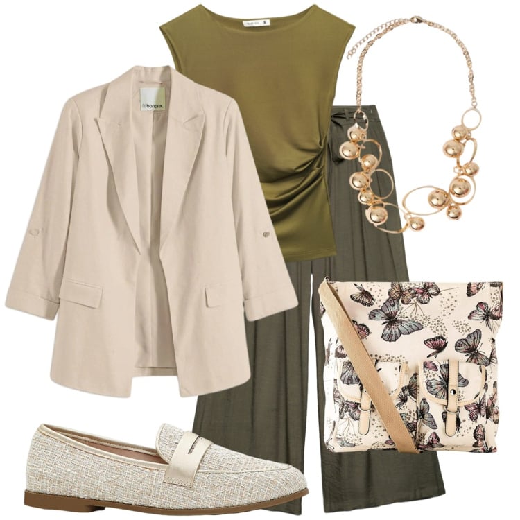 Outfit donna - Pasquetta in verde. Stile Casual per Tutti i giorni. Abbinamento con blazer, borse a tracolla, mocassini, pantaloni, top, collane.