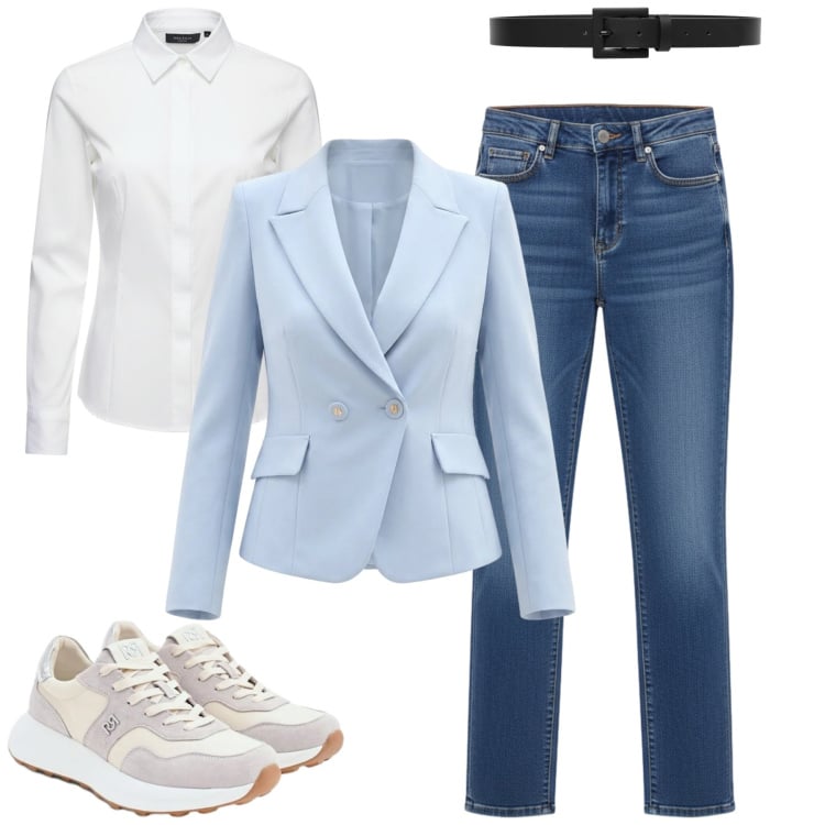 Outfit donna - Marzo. Stile Casual chic per Tutti i giorni. Abbinamento con blazer, jeans, sneakers, camicie, cinture.