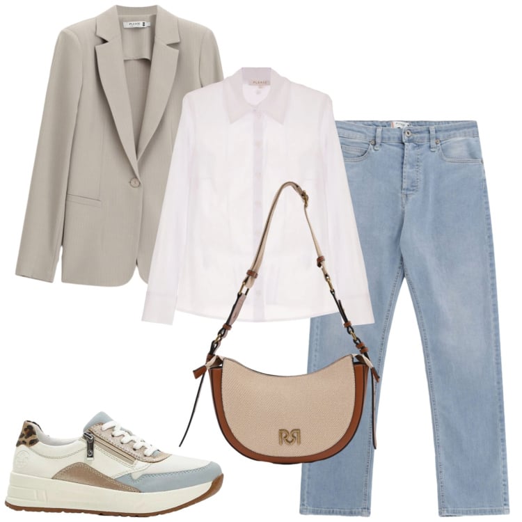 Outfit donna - City. Stile Casual chic per Tutti i giorni. Abbinamento con sneakers, blazer, camicie, jeans, borse a tracolla.