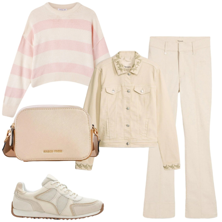 Outfit donna - Spring. Stile Casual chic per Tutti i giorni. Abbinamento con jeans bootcut, sneakers alte, cappotti, borse a tracolla, maglieria.