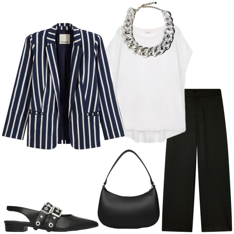 Outfit donna - Look versatile. Stile Casual chic per Tutti i giorni. Abbinamento con blazer, bluse, collane, pantaloni, ballerine, borse a tracolla.