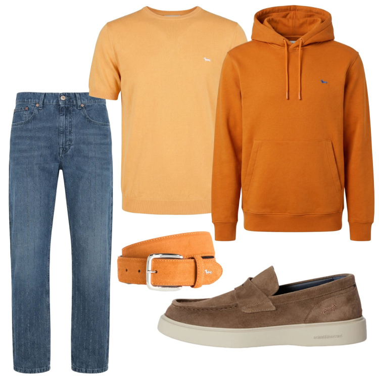 Outfit uomo - Arancio vitaminico. Stile Urban per Tutti i giorni. Abbinamento con cinture, t-shirt, jeans, scarpe stringate, felpe con cappuccio.