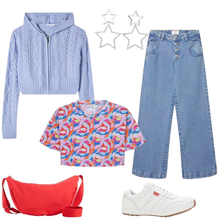 Outfit donna - Gita fuori porta. Stile Casual per Tutti i giorni. Abbinamento con sneakers, borse a tracolla, cardigans, t-shirt, orecchini, jeans.