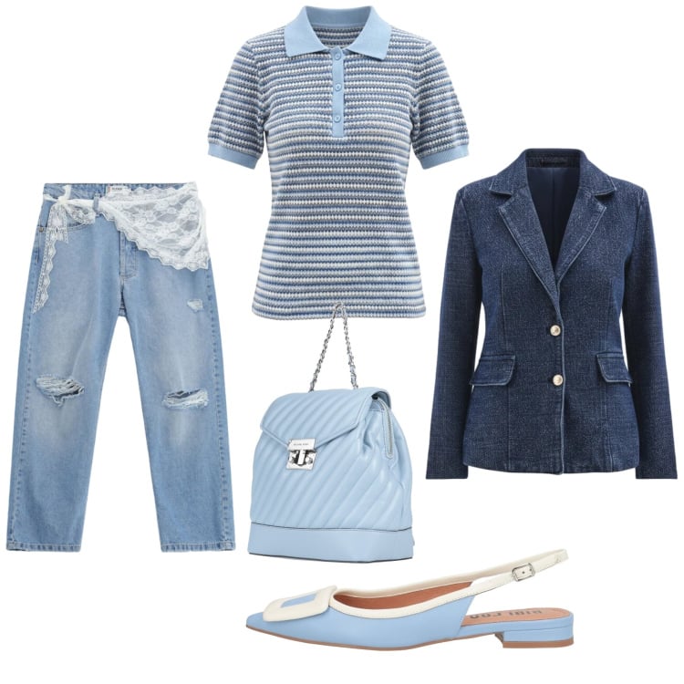 Outfit donna - Total look #2371999. Stile Casual chic per Ufficio. Abbinamento con zaini, ballerine, jeans strappati, blazer, polo.