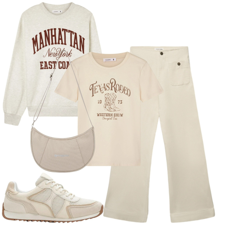 Outfit donna - Total look #2372004. Stile Casual per Tutti i giorni. Abbinamento con sneakers alte, borse a spalla, t-shirt, felpe, jeans.