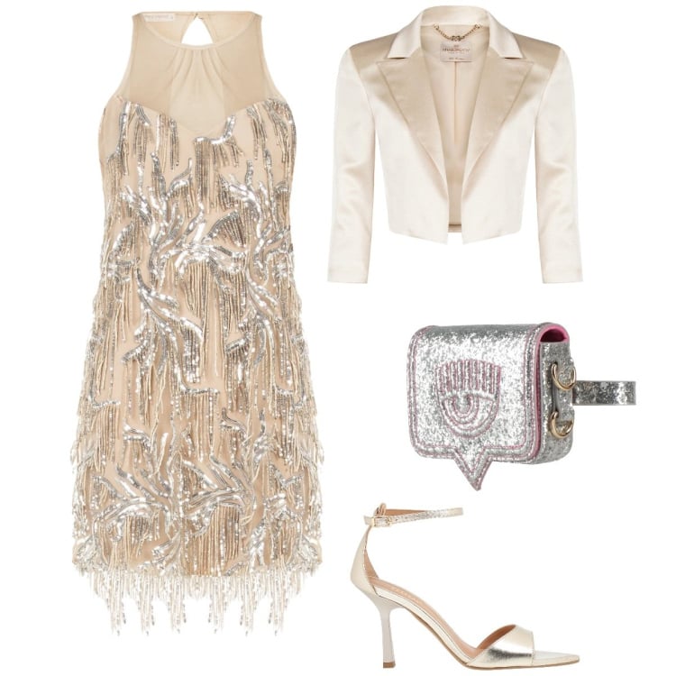 Outfit donna - Total look #2372006. Stile Glamour per Cerimonia. Abbinamento con sandali in pelle, marsupi, vestiti corti, bolero.