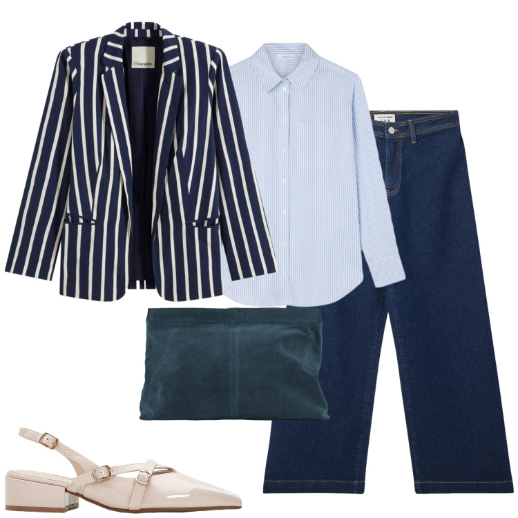 Outfit donna - City. Stile Casual chic per Tutti i giorni. Abbinamento con blazer, décolleté, jeans, camicie, pochette.