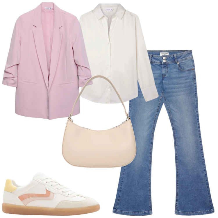 Outfit donna - Total look #2372009. Stile Casual chic per Tutti i giorni. Abbinamento con sneakers, camicie, blazer, jeans a zampa, borse a tracolla.