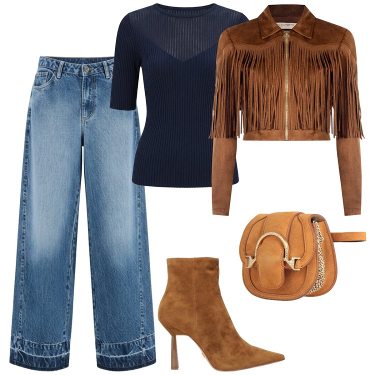 Outfit donna - Total look #2372013. Stile Urban per Tutti i giorni. Abbinamento con marsupi, stivaletti, t-shirt, jeans dritti, giacche.