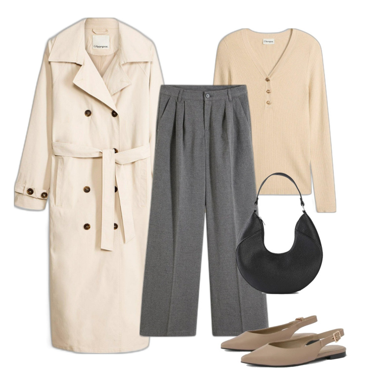 Outfit femme - Trench long. Style Minimal pour Tous les jours. Assortir avec pantalon large en bas, pulls, imperméable, sacs à main, ballerines.
