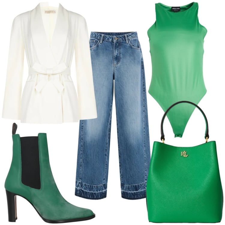 Outfit donna - Verde speranza. Stile Glamour per Ufficio. Abbinamento con body, stivaletti chelsea, jeans dritti, blazer, borse a secchiello.