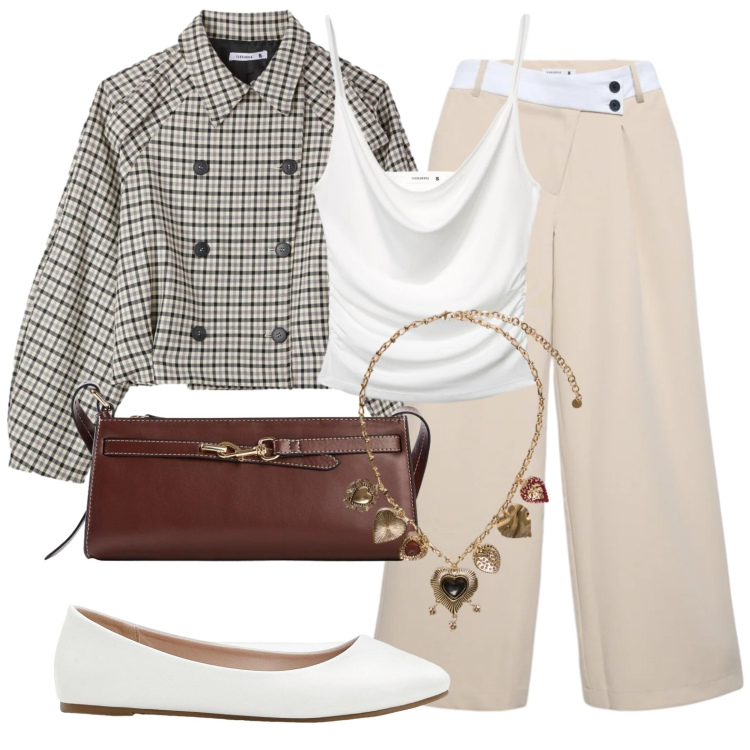 Outfit donna - Giacca a quadretti. Stile Casual chic per Ufficio. Abbinamento con ballerine, borse a tracolla, caban, pantaloni, canottiere, collane.