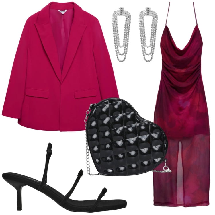 Outfit donna - Cuore glam. Stile Glamour per Cerimonia. Abbinamento con vestiti lunghi, blazer, borse a tracolla, orecchini, sandali col tacco.