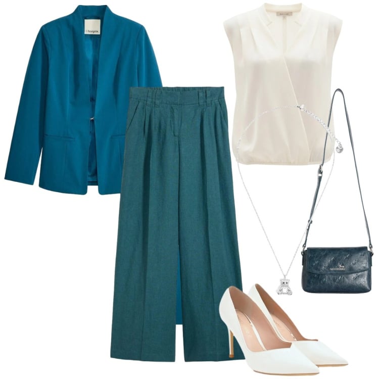 Outfit donna - Una giacca e due pantaloni. Stile Chic per Cerimonia. Abbinamento con giacche, pantaloni, borse a tracolla, décolleté, top, ciondoli.