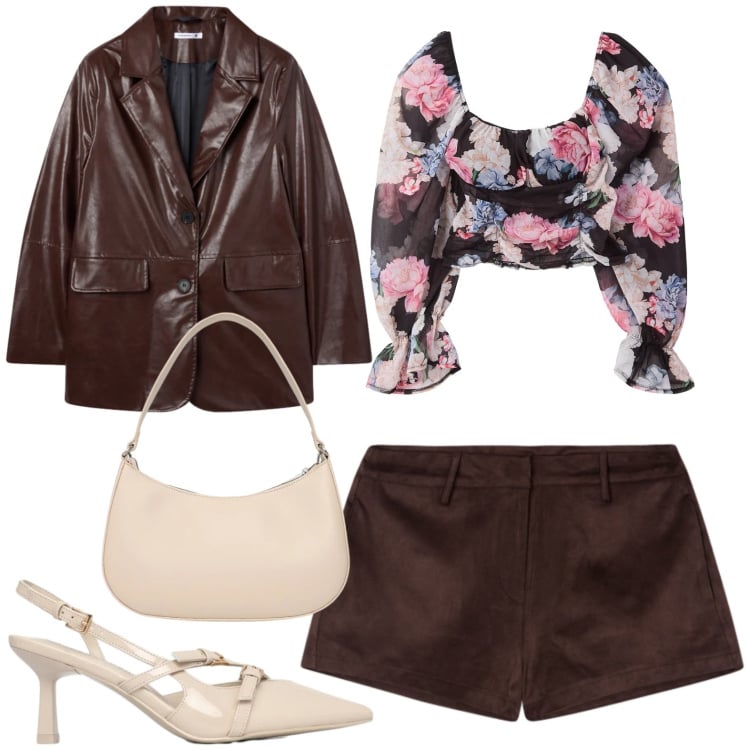 Outfit donna - Bloom & Brown. Stile Glamour per Tutti i giorni. Abbinamento con shorts, bluse, décolleté, borse a tracolla, blazer.