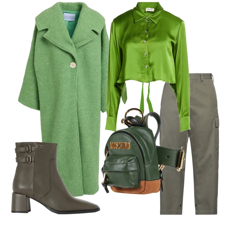 Outfit donna - Total look #2372030. Stile Casual chic per Serata fuori. Abbinamento con cappotti, marsupi, camicie, pantaloni cargo, stivaletti.