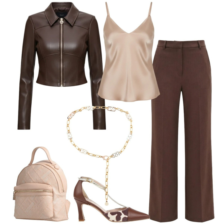 Outfit donna - Cerimonia rock. Stile Casual chic per Serata fuori. Abbinamento con décolleté, zaini, giacche, pantaloni, top, cinture.