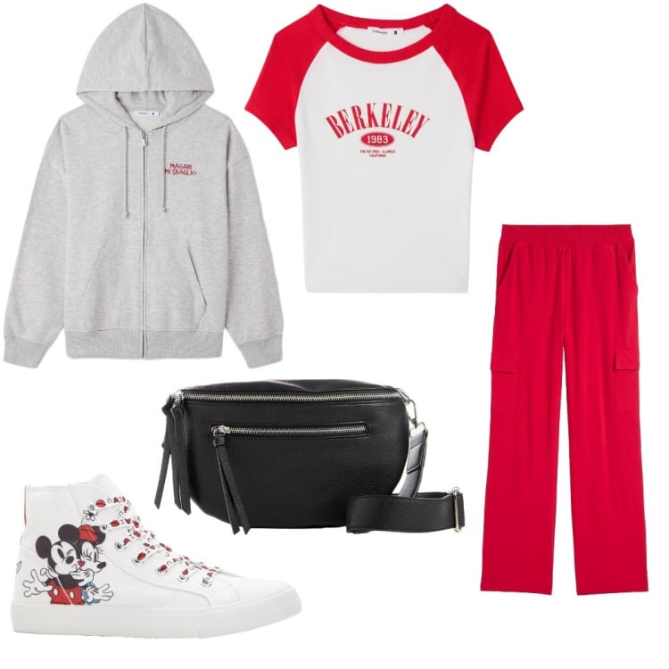 Outfit donna - Total look #2372033. Stile Sporty chic per Tutti i giorni. Abbinamento con pantaloni sportivi, sneakers alte, marsupi, felpe con cappuccio, t-shirt sportive.