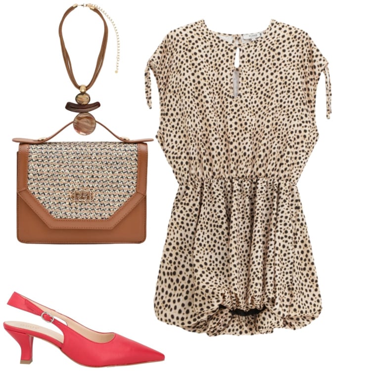 Outfit donna - Spring. Stile Urban per Tutti i giorni. Abbinamento con décolleté, ciondoli, vestiti corti, pochette.